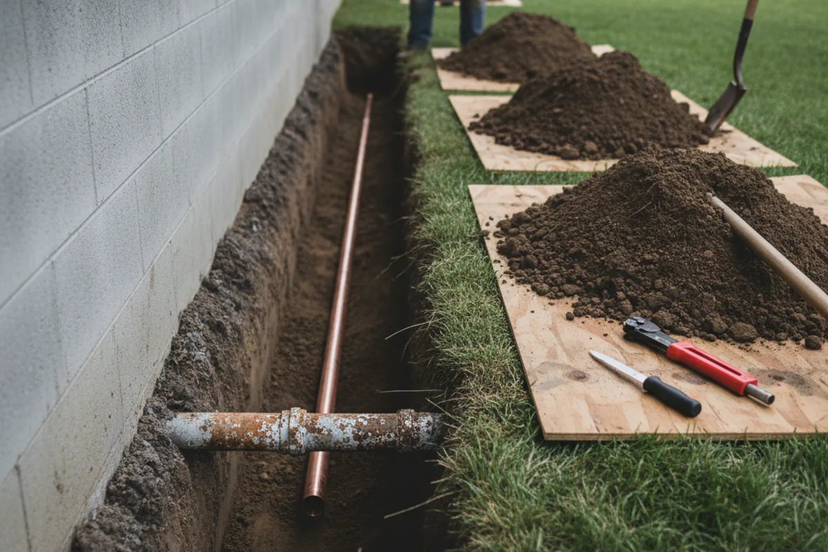 Excavated water line trench during Sewer Line Repair in Decatur